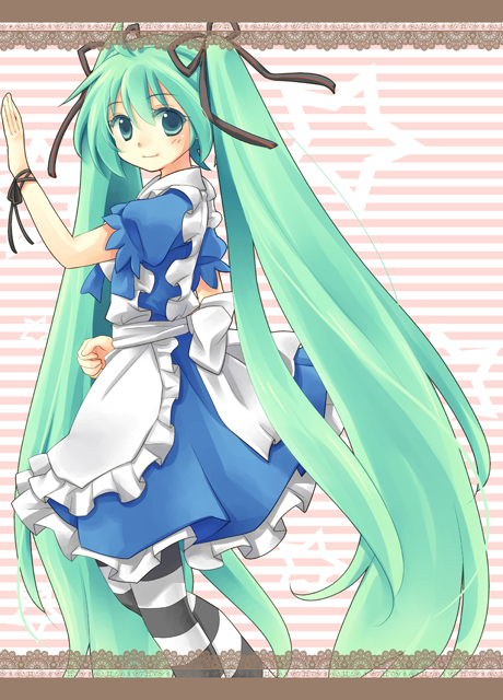 ako_(nryo), alternate_costume, apron, dress, enmaided, green_eyes, green_hair, hair_ribbon