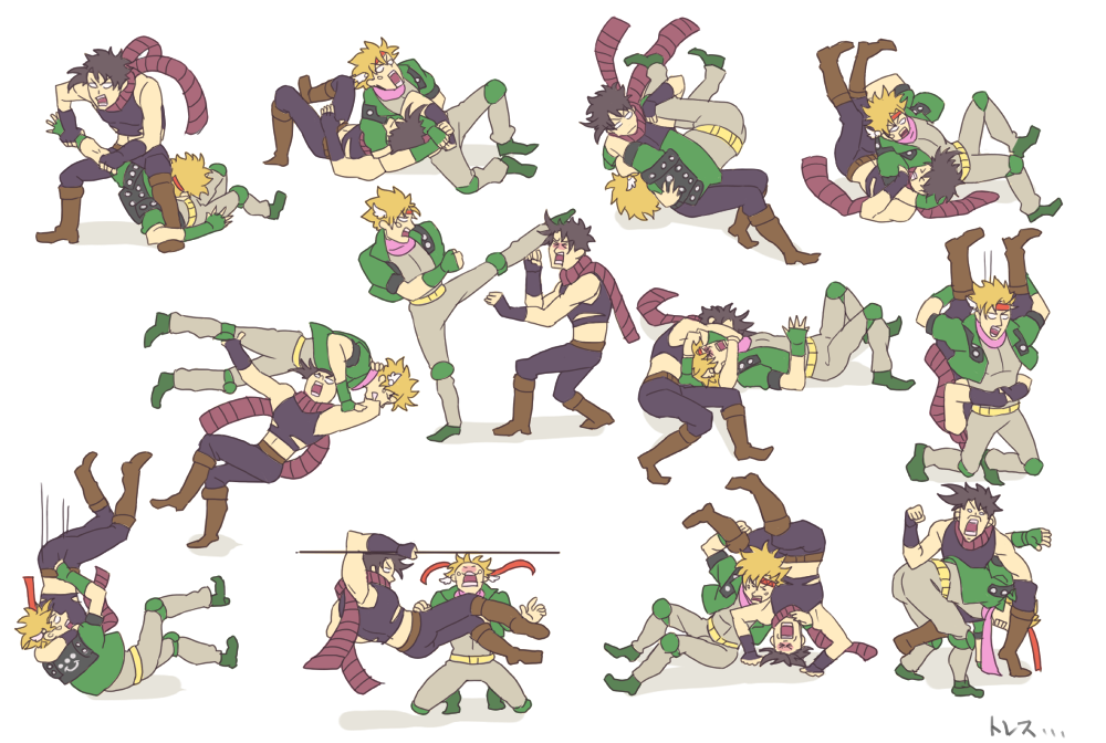 az_(kroneko007), bare_shoulders, black_hair, blonde_hair, boots, caesar_anthonio_zeppeli, character_sheet, clothesline_(attack), crop_top, elbow_drop, facial_mark, feather_hair_ornament, feathers, fighting, fingerless_gloves, gloves, green_jacket, hair_ornament, headband, headlock, jacket, jojo_no_kimyou_na_bouken, joseph_joestar, joseph_joestar_(young), kicking, knee_pads, male_focus, midriff, piledriver_(wrestling), pink_scarf, powerbomb, scarf, striped, striped_scarf, variations, wrestling