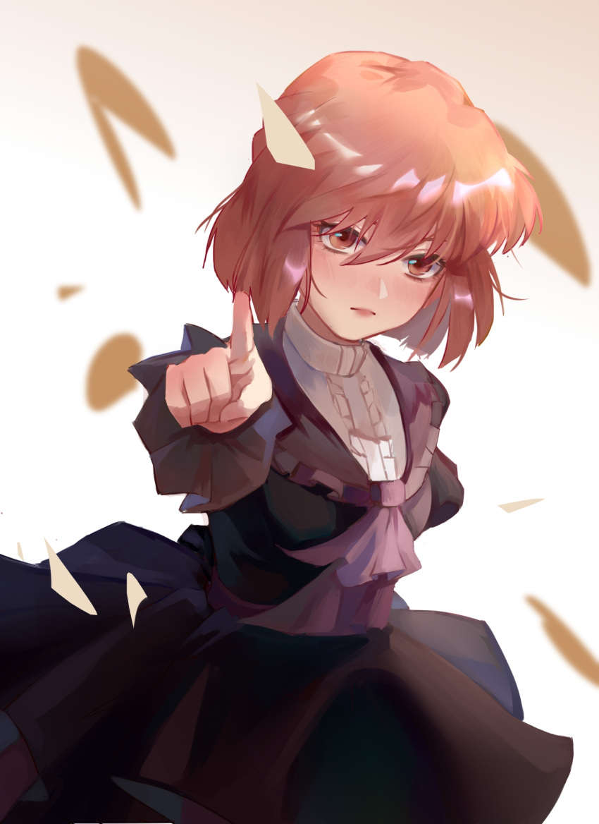 1girl, alternate_costume, ascot, bangs, black_dress, brown_eyes, brown_hair, center_frills