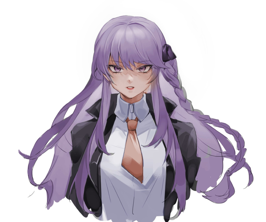 1girl, bangs, black_jacket, black_ribbon, braid, brown_necktie, collared_shirt, danganronpa:_trigger_happy_havoc
