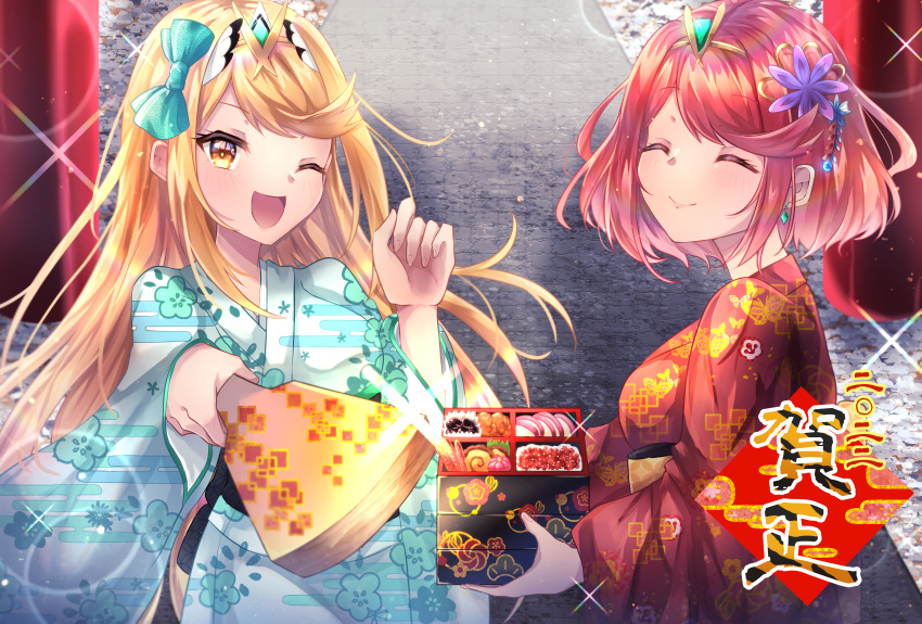 2girls, absurdres, amanoru_mozuku, bangs, blonde_hair, breasts, earrings, headpiece