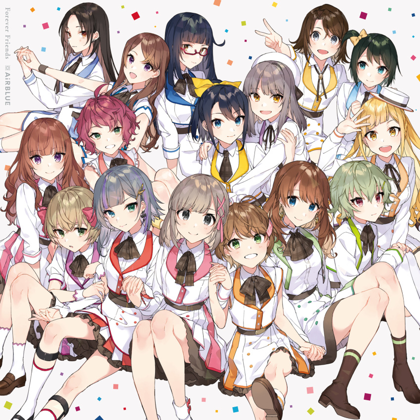 6+girls, :d, absurdres, ahoge, akagawa_chisa, album_cover, black_hair, blonde_hair, blue_bow, blue_eyes, bow, braid, breasts, brown_hair, clothes_lift, cover, cue!, eniwa_airi, everyone, eyebrows_visible_through_hair, glasses, green_eyes, green_hair, grey_hair, hair_bow, hair_ornament, hat, high_heels, highres, hinakura_riko, kamuro_aya, kano_shiho, kujo_yuzuha, long_hair, looking_at_viewer, maruyama_rie, miyaji_mahoro, multicolored_hair, multiple_girls, mutsuishi_haruna, myojin_rinne, open_mouth, redhead, short_hair, sitting, skirt, skirt_lift, smile, takatori_maika, tendo_yuuki, toomi_mei, tsukii_honoka, uniform, utsugi_satori, v, yellow_bow, yomine_miharu