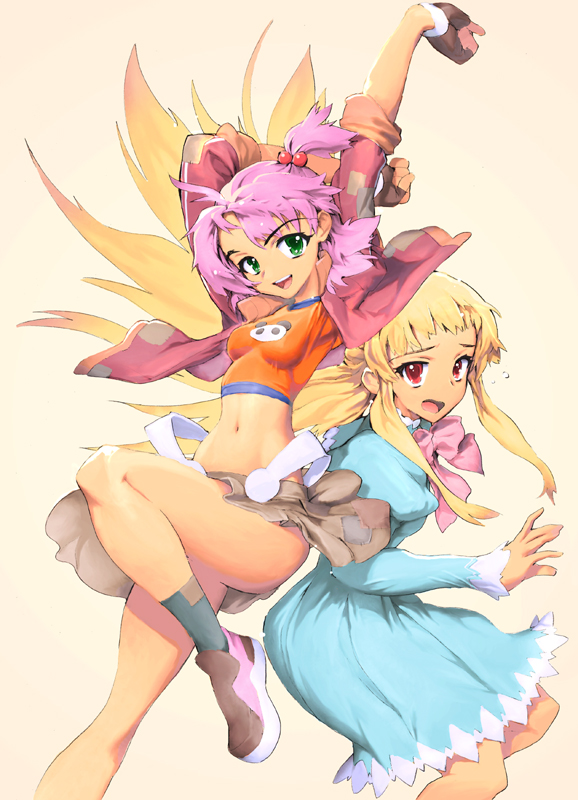 :d, :o, blonde_hair, dress, green_eyes, long_hair, midriff, multiple_girls
