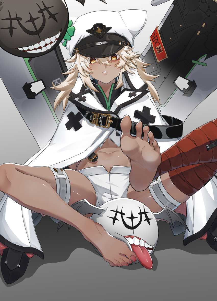 1girl, absurdres, barefoot, belt, black_belt, chinese_commentary, clover, coat