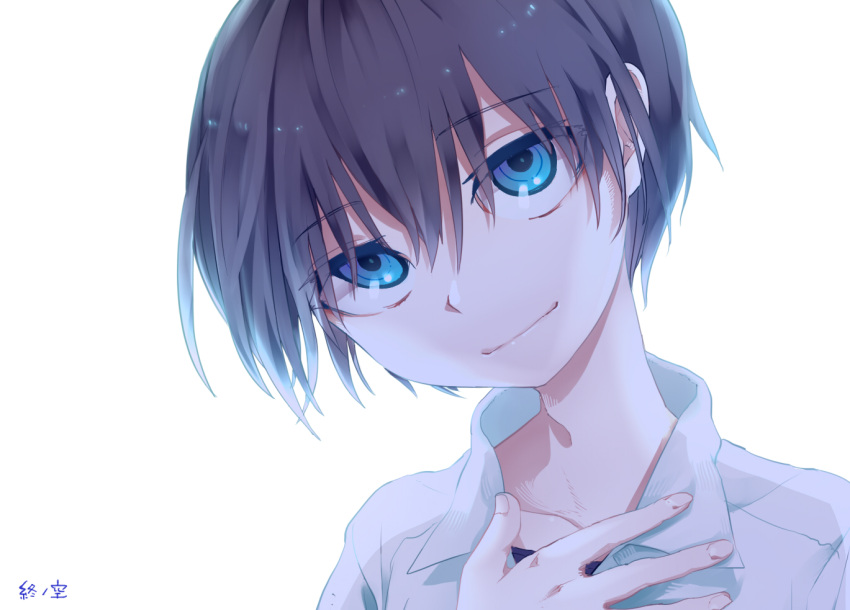 1boy, bangs, black_hair, blue_eyes, closed_mouth, commentary_request, copyright_name, eyebrows_visible_through_hair