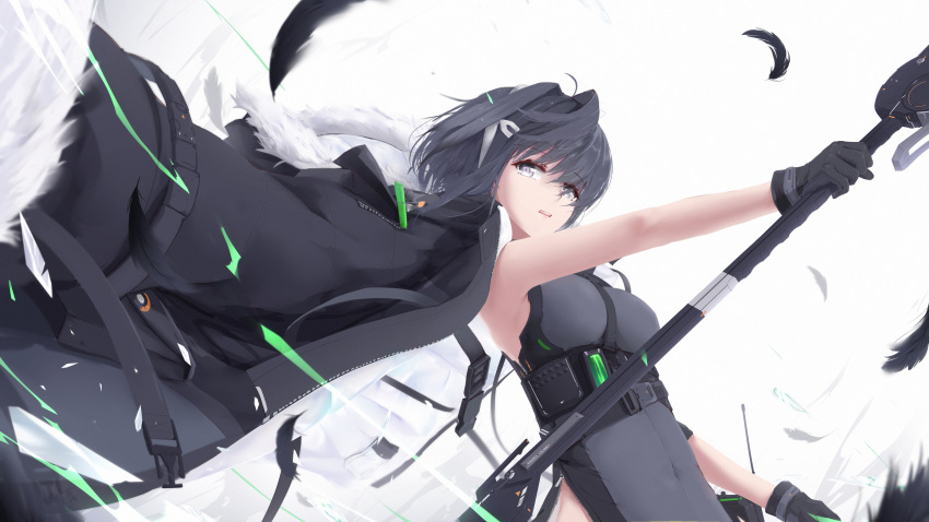 1girl, absurdres, ahoge, arknights, arm_up, bare_arms, bare_shoulders, black_coat