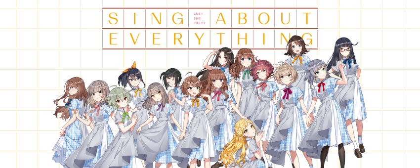 6+girls, :d, absurdres, ahoge, akagawa_chisa, black_hair, blonde_hair, blue_bow