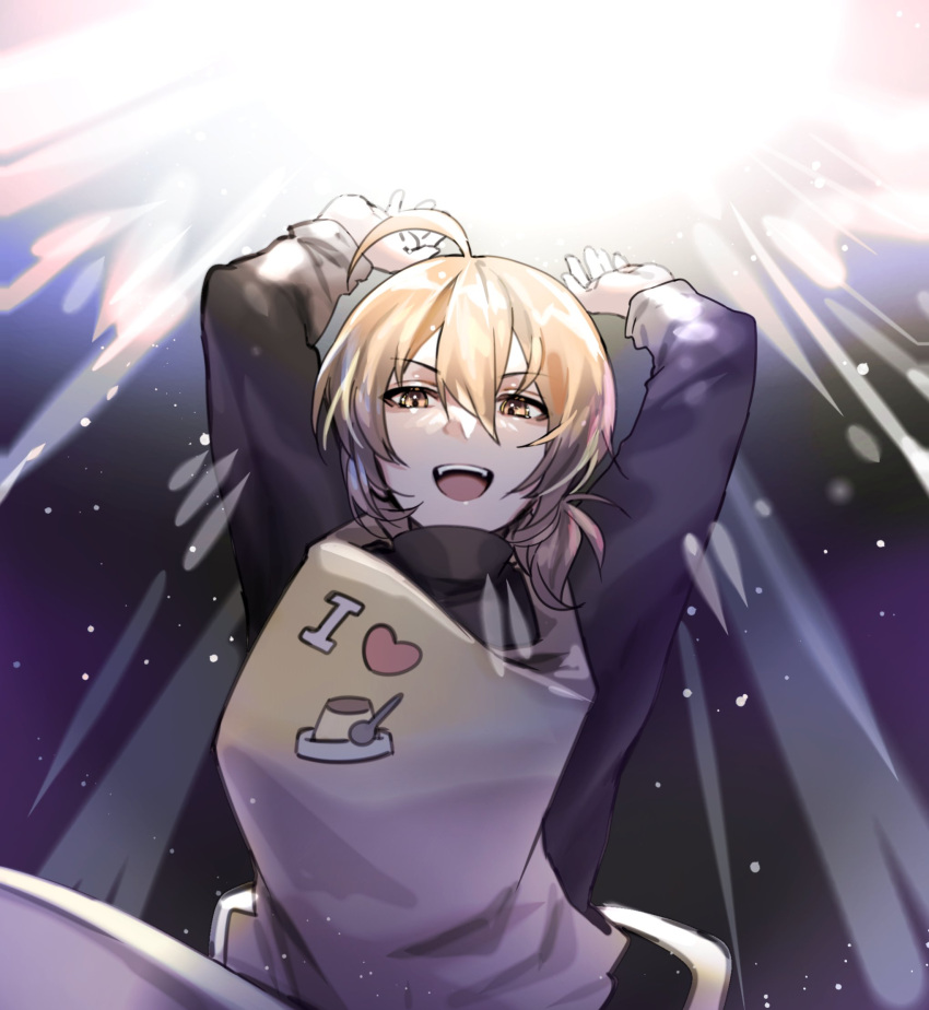 100_percent_orange_juice, 1girl, adapted_costume, ahoge, apron, arm_up, black_shirt, blonde_hair, breasts, clothes_writing, highres, kasukyu9, long_sleeves, looking_at_viewer, medium_hair, open_mouth, saki_(suguri), shirt, small_breasts, suguri, teeth, turtleneck, upper_body, upper_teeth, yellow_apron, yellow_eyes