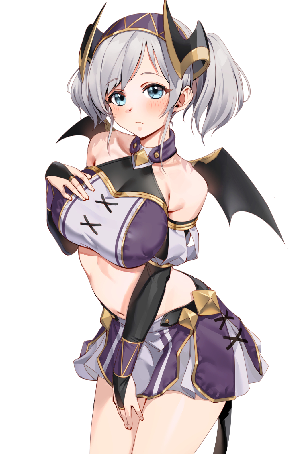 1girl, akari_(princess_connect!), bangs, bare_shoulders, bat_wings, black_gloves, black_wings, blue_eyes