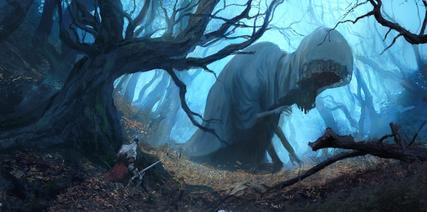 1other, absurdres, ambiguous_gender, armor, bare_tree, branch, commentary, elden_ring, english_commentary, forest, full_armor, helm, helmet, highres, holding, holding_sword, holding_weapon, jewelry, jya_yan, long_hair, looking_ahead, monster, nature, ring, scenery, sword, tarnished_(elden_ring), tree, weapon, white_hair, wide_shot