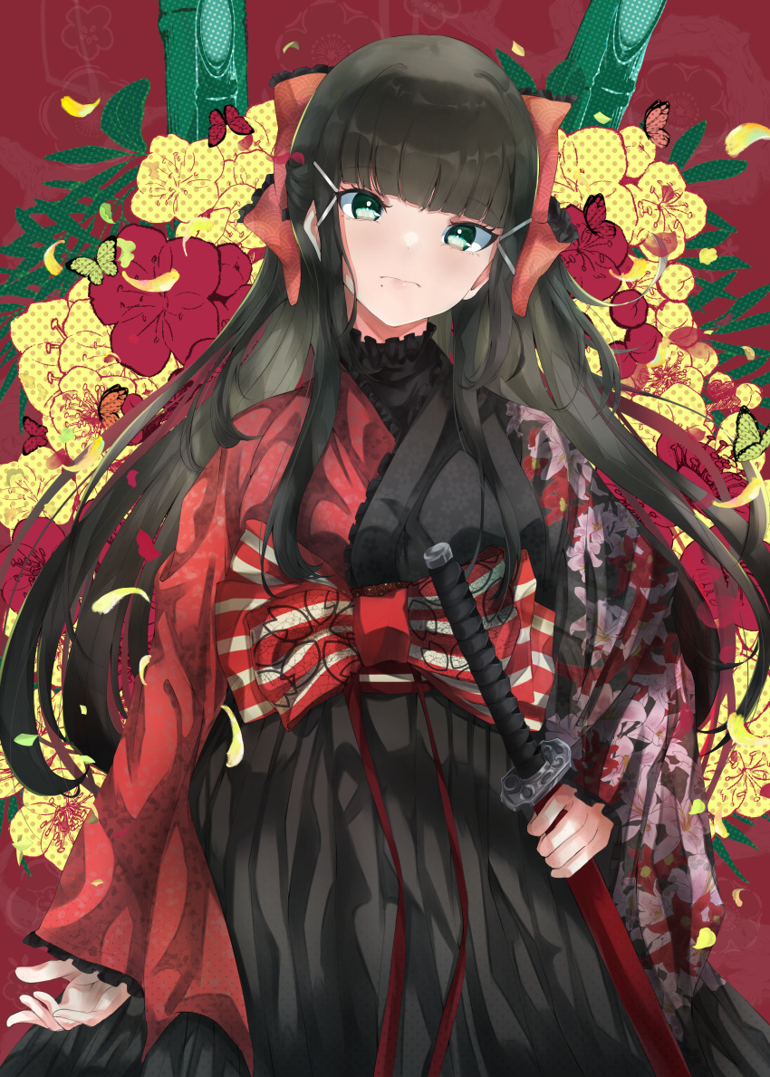 1girl, absurdres, bangs, birthday, black_hair, commentary_request, eyebrows_visible_through_hair, flower