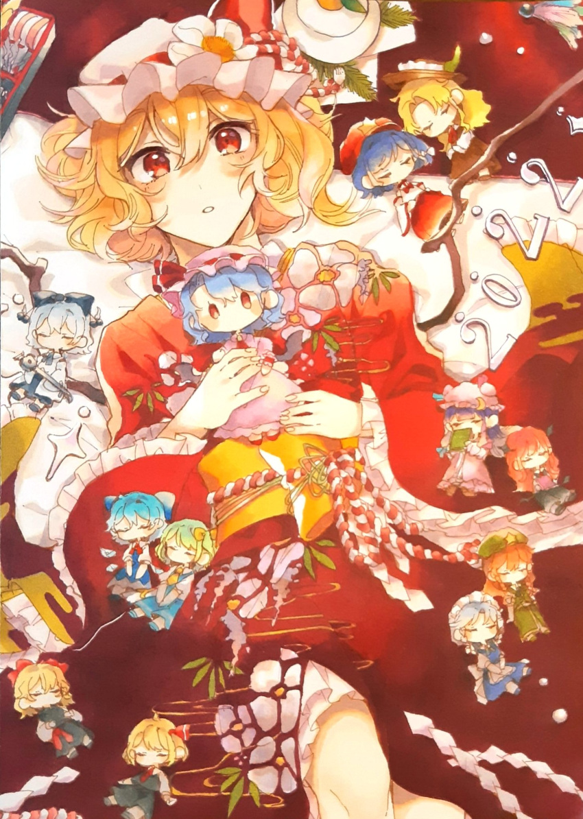 2022, 6+girls, adapted_costume, apron, bangs, bat_wings, black_dress, black_footwear