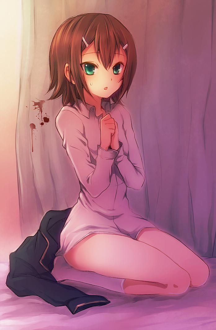 blood, brown_hair, dress_shirt, green_eyes, hair_ornament, hairclip, kinoshita_hideyoshi, kintsuku