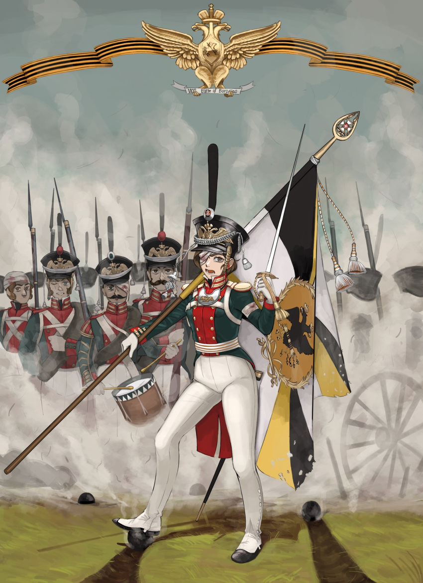 1girl, 4boys, bandages, bangs, black_eyes, black_hair, blood, blood_on_bandages, blue_sky, brown_eyes, brown_hair, closed_mouth, drum, drumsticks, facial_hair, flag, green_jacket, gun, highres, holding, holding_flag, holding_gun, holding_instrument, holding_sword, holding_weapon, instrument, jacket, katyush98269886, long_hair, looking_at_viewer, military, military_jacket, military_uniform, multiple_boys, musket, mustache, open_mouth, original, outdoors, pants, russian_army, saber_(weapon), sky, standing, sword, uniform, weapon, white_footwear, white_pants