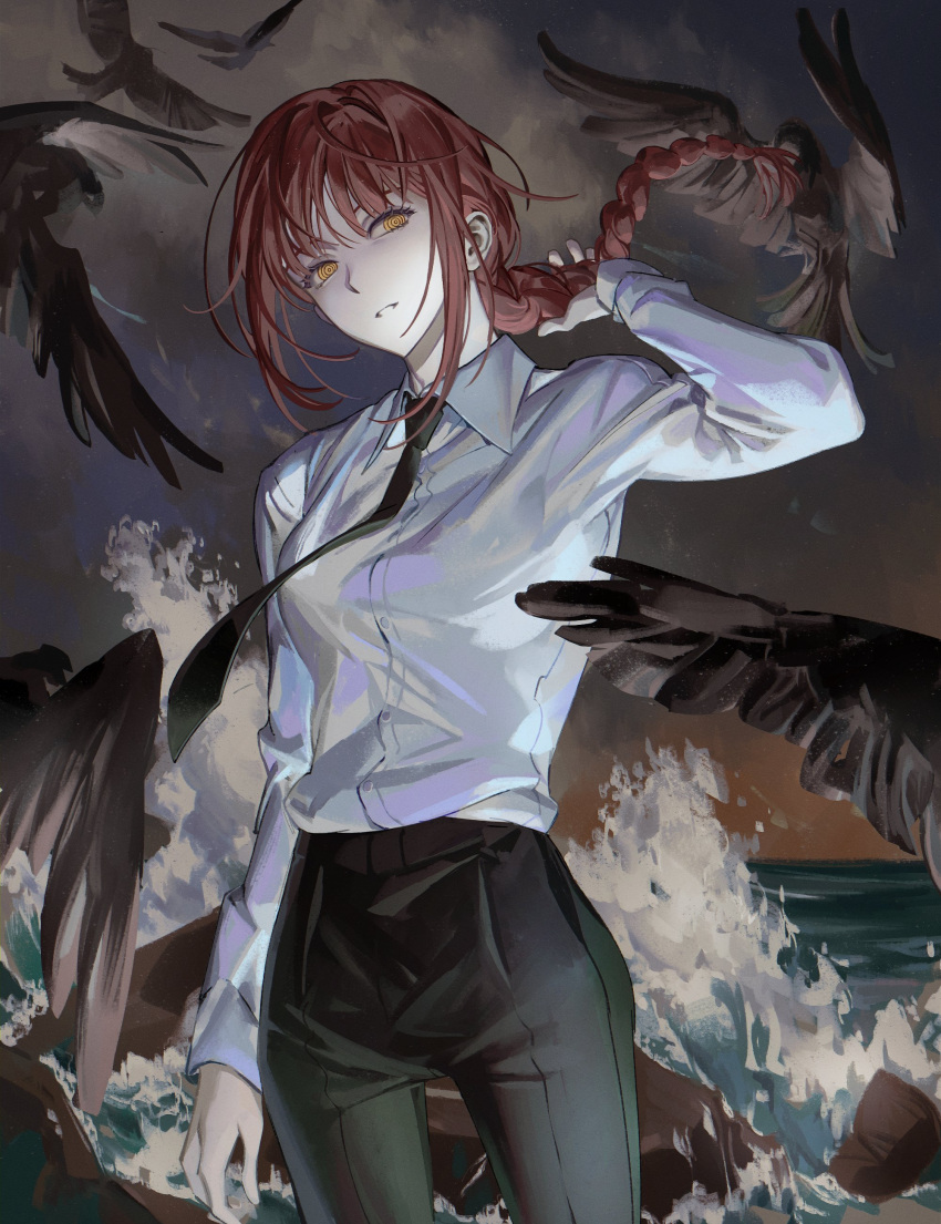 1girl, absurdres, bangs, bird, black_necktie, black_pants, blunt_bangs, braid