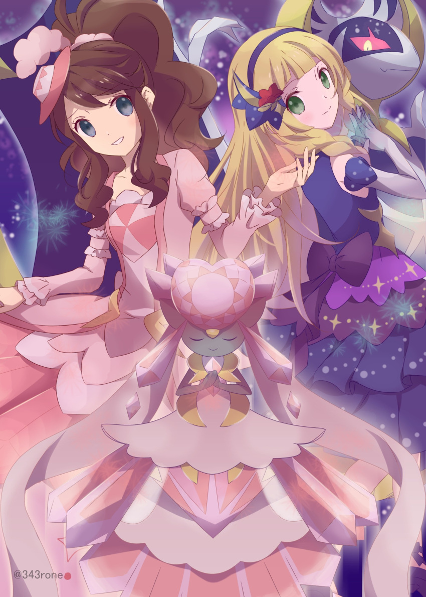 2girls, 343rone, absurdres, antenna_hair, arm_garter, bangs, blonde_hair, brown_hair