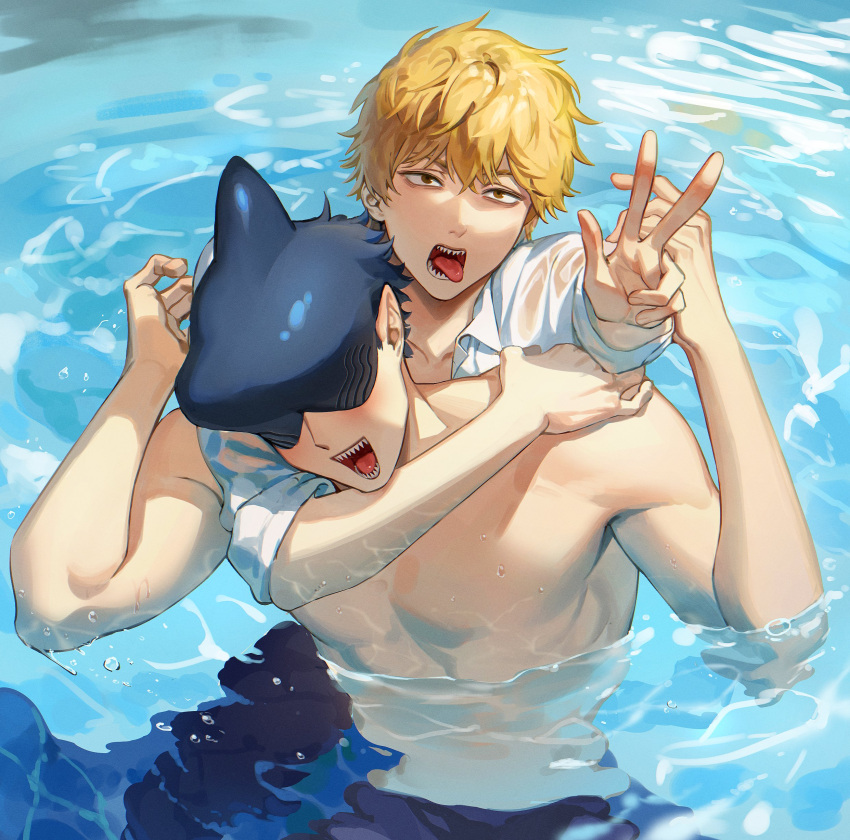 2boys, :d, absurdres, arm_around_neck, beam_(chainsaw_man), blonde_hair, blue_pants, blush