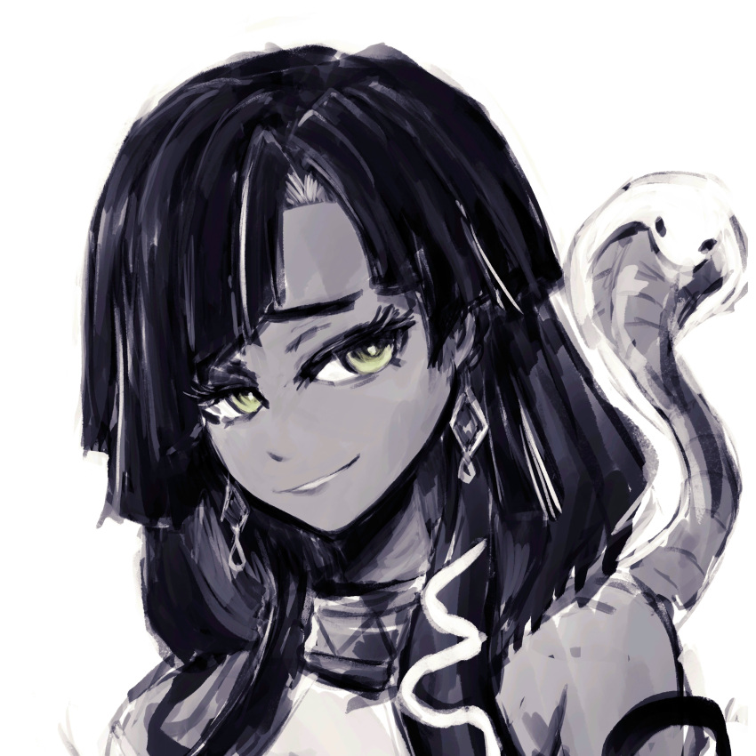 1girl, absurdres, bangs, dark-skinned_female, dark_skin, earrings, english_commentary, eyebrows_behind_hair