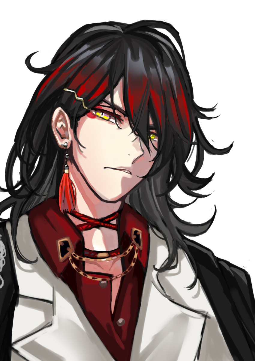 1boy, absurdres, bangs, black_hair, black_jacket, collared_shirt, earrings, english_commentary