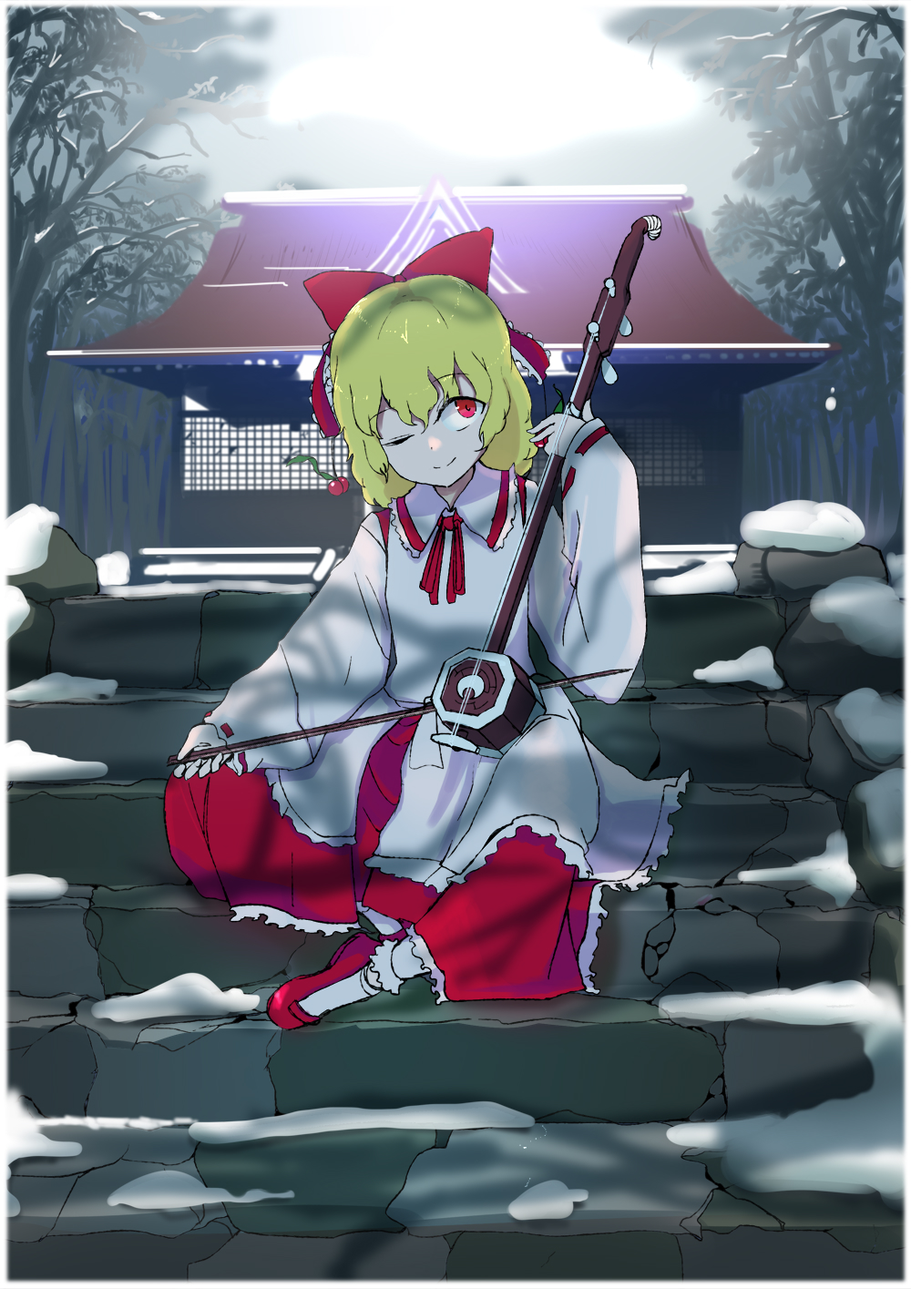 architecture, blonde_hair, bow, bow_(music), collared_shirt, east_asian_architecture, erhu, frilled_bow