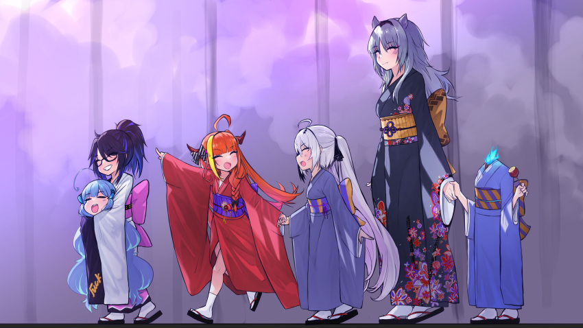 ^_^, absurdres, adapted_costume, animal_ears, black_kimono, blonde_hair, blue_hair, blue_kimono