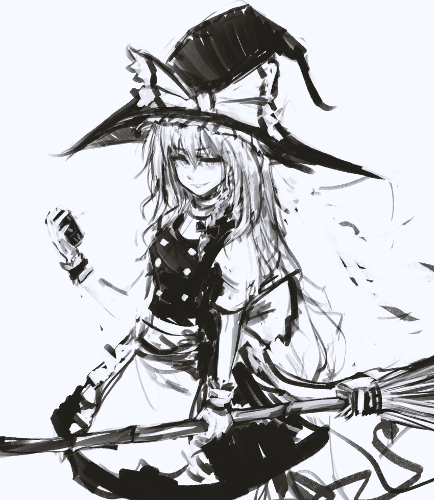 1girl, absurdres, bangs, bow, braid, broom, dress, english_commentary