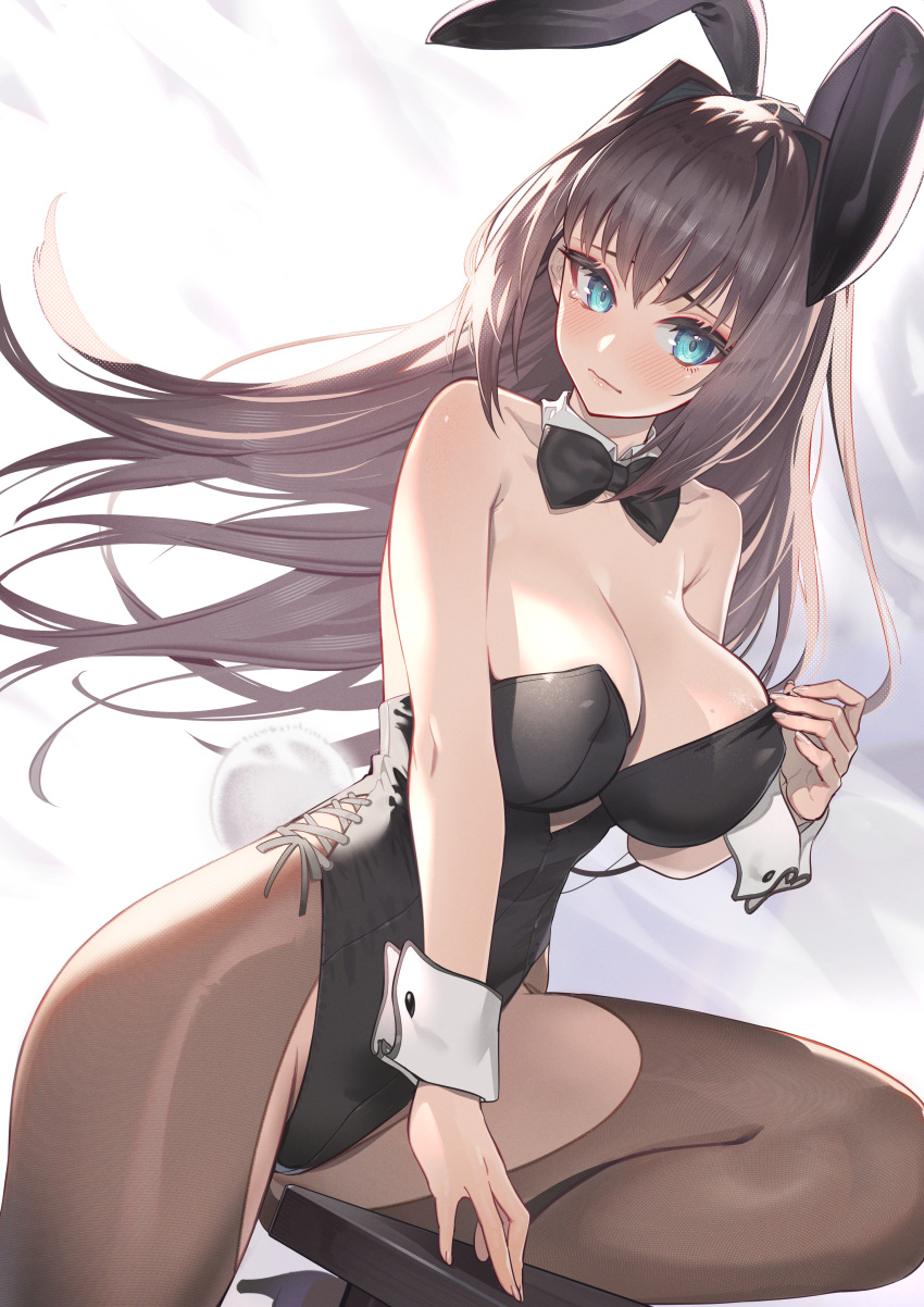 1girl, absurdres, animal_ears, aozaki_aoko, black_bow, black_bowtie, black_legwear, black_leotard