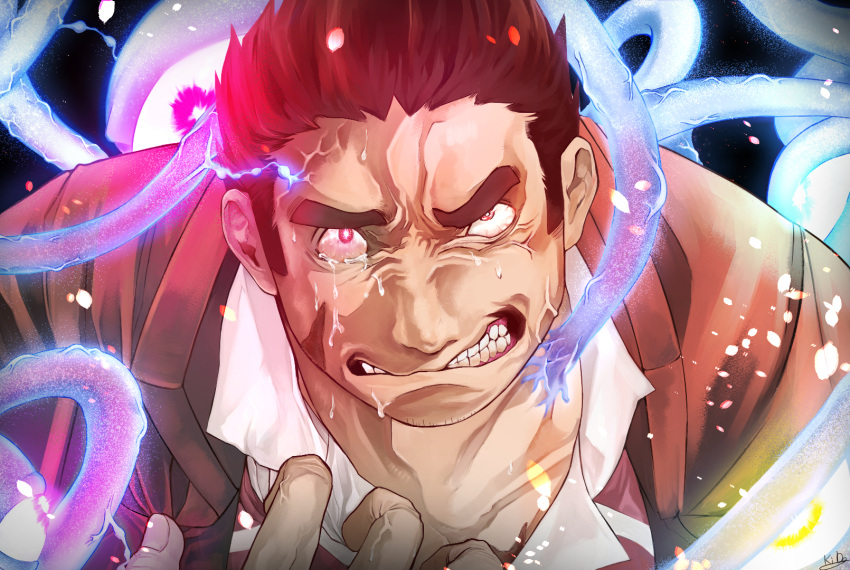 1boy, anger_vein, angry, berserker_rage, close-up, facial_hair, fighting_stance, glowing