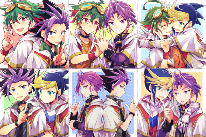 >_o, 4boys, :o, ^_^, arm_around_shoulder, arms_around_neck, back-to-back, bangs
