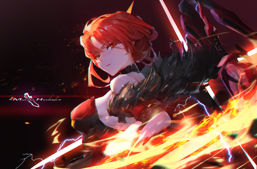 1girl, bangs, bare_shoulders, breasts, character_name, ether.b, fire, flaming_sword, flaming_weapon, forehead, fur_collar, hair_ornament, highres, holding, holding_sword, holding_weapon, honkai_(series), honkai_impact_3rd, looking_at_viewer, looking_to_the_side, murata_himeko, murata_himeko_(vermillion_knight), open_mouth, redhead, sideboob, solo, sword, teeth, v-shaped_eyebrows, weapon, yellow_eyes