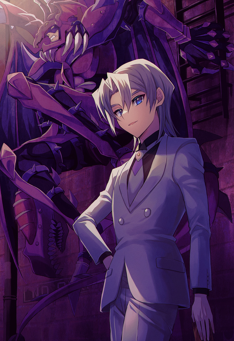 2boys, bangs, blue_eyes, demon_boy, demon_tail, demon_wings, destiny_hero_-_plasma, duel_monster