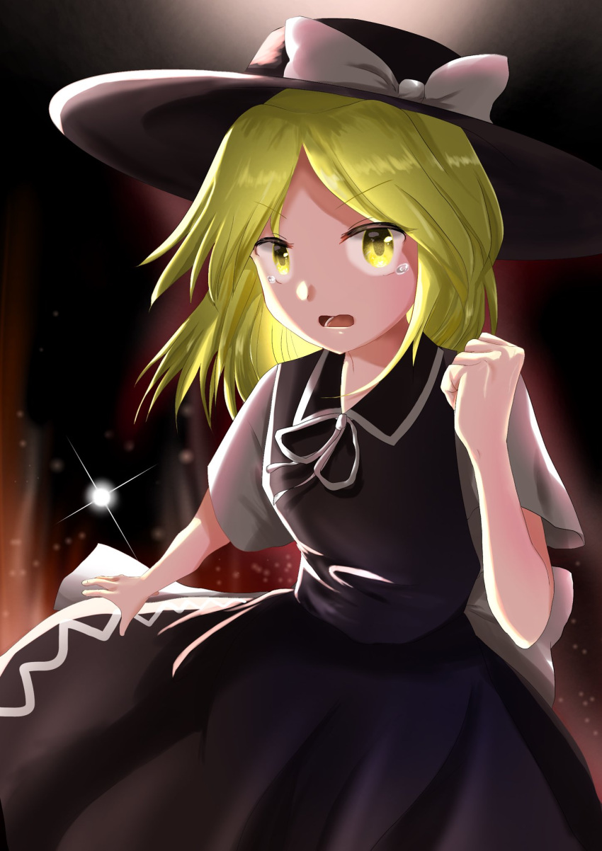 black_headwear, black_skirt, black_vest, blonde_hair, bow, clenched_hand, collared_vest, crying
