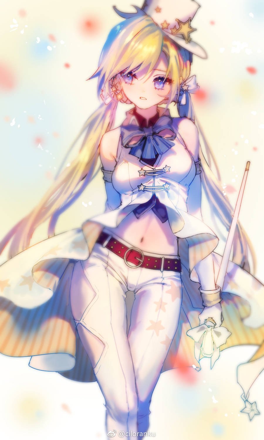 1girl, artist_name, belt, blonde_hair, blue_eyes, bow, bowtie, breasts