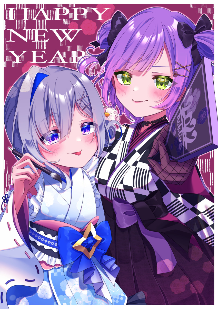2girls, :p, absurdres, amane_kanata, blush, checkered_clothes, checkered_kimono, hagoita