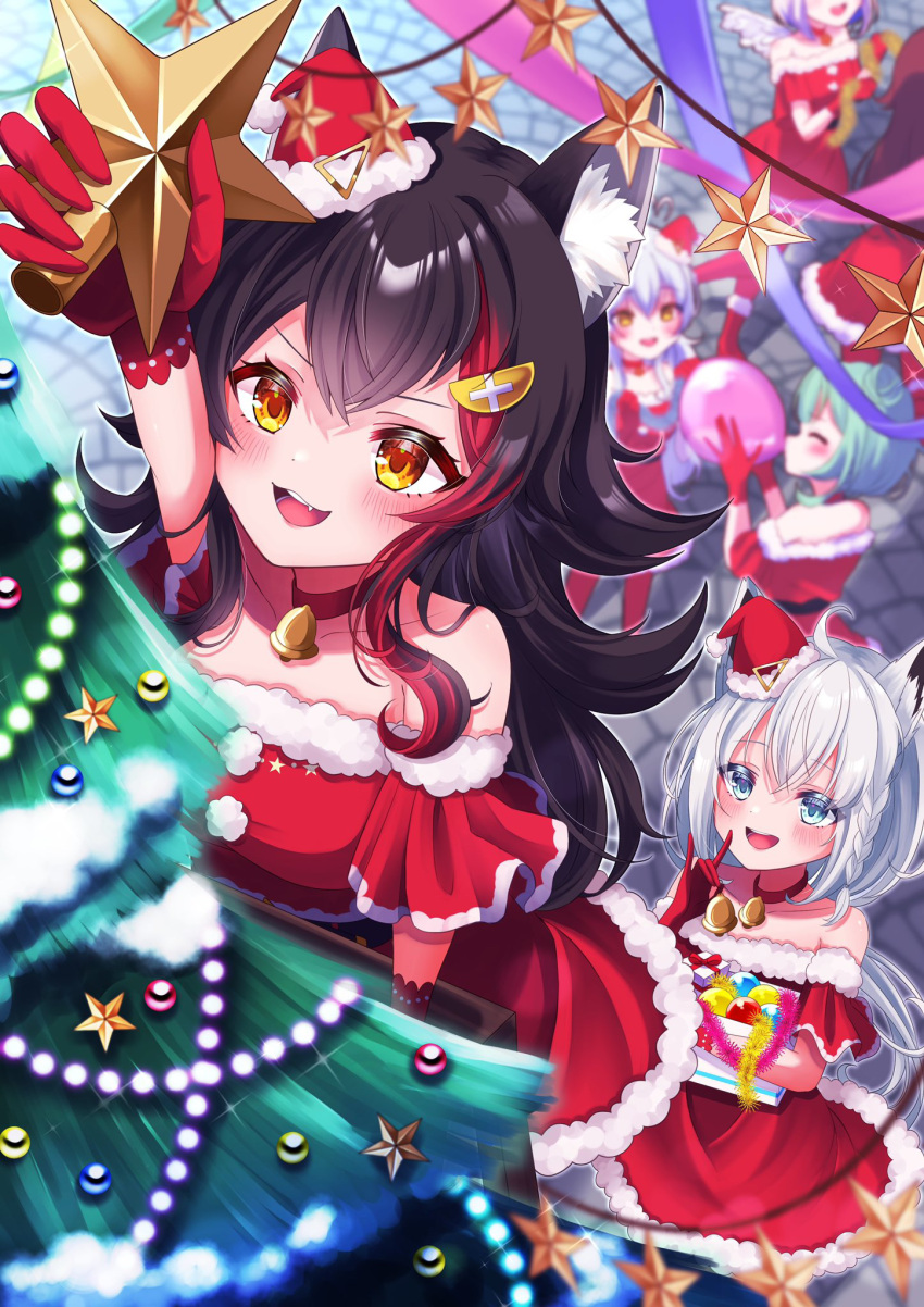 4girls, :d, animal_ears, bangs, black_hair, christmas, christmas_tree, dress, fang, fur-trimmed_dress, fur_trim, hair_ornament, hairclip, hat, highres, hololive, long_hair, multiple_girls, ookami_mio, poyu_(soyokaze1160), red_dress, santa_costume, santa_dress, santa_hat, shirakami_fubuki, short_dress, smile, solo_focus, v-shaped_eyebrows, virtual_youtuber, wolf_ears, wolf_girl, yellow_eyes, yukihana_lamy