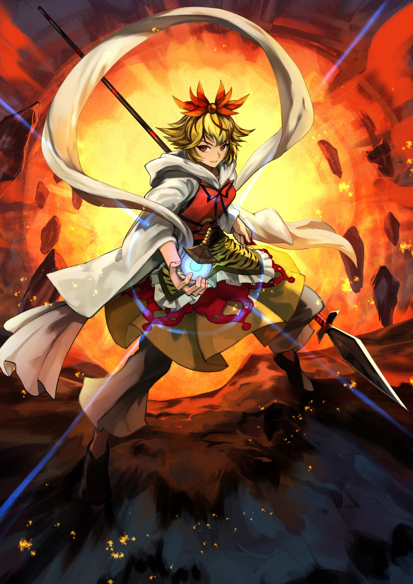 1girl, absurdres, animal_print, bangs, bishamonten's_pagoda, bishamonten's_spear, black_hair, blonde_hair