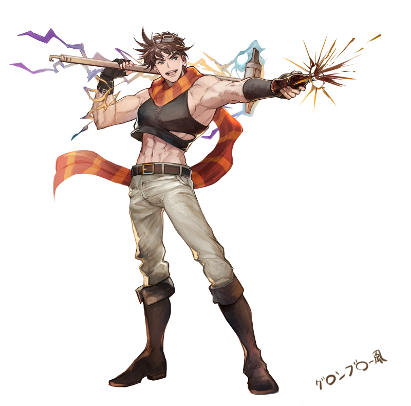 1boy, az_(kroneko007), boots, bottle, cola, crop_top, electricity, fingerless_gloves