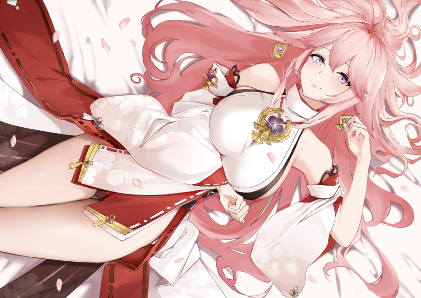 1girl, animal_ears, arm_under_breasts, bed_sheet, blush, breasts, cherry_blossoms, chinese_commentary