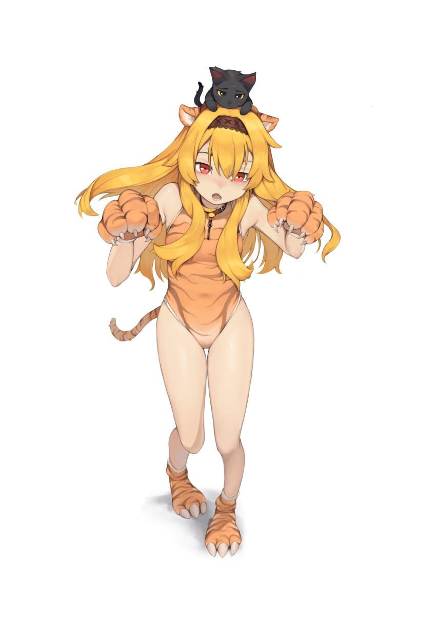 1girl, absurdres, animal_ears, animal_hands, animal_on_head, bangs, bare_shoulders, blush