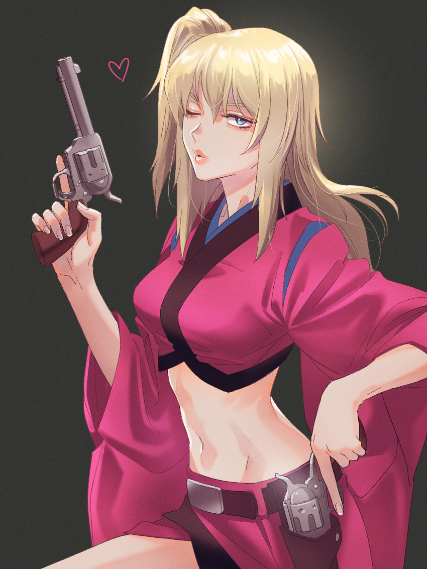 1girl, blonde_hair, blue_eyes, breasts, crop_top, dual_wielding, gintama, grey_background, gun, heart, high_ponytail, highres, holding, holding_gun, holding_weapon, holster, kijima_matako, long_hair, makeup, mascara, medium_breasts, midriff, miniskirt, navel, nito_minatsuki, parted_lips, pink_skirt, shiny, shiny_hair, side_ponytail, skirt, solo, stomach, weapon, wide_sleeves