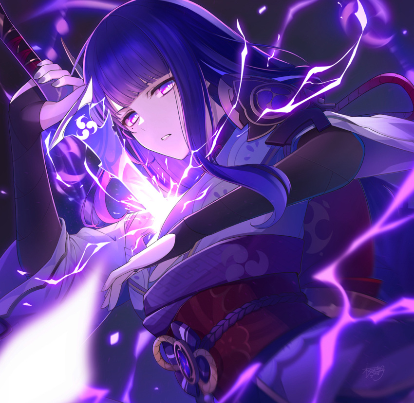 1girl, bangs, blue_hair, blunt_bangs, blurry, blurry_foreground, bridal_gauntlets, floating_hair