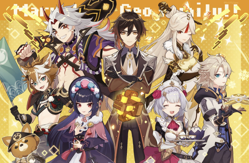 3girls, 4boys, albedo_(genshin_impact), arataki_itto, black_hair, blue_eyes, brown_eyes, brown_hair, closed_eyes, commentary_request, genshin_impact, gorou_(genshin_impact), green_eyes, horns, long_hair, multiple_boys, multiple_girls, ningguang_(genshin_impact), noelle_(genshin_impact), one_eye_closed, open_mouth, platinum_blonde_hair, red_eyes, red_horns, short_hair, silver_hair, smile, sui25jiyuu, yunjin_(genshin_impact), zhongli_(genshin_impact)