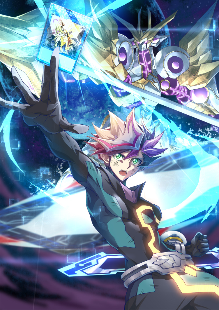 accesscode_talker, black_bodysuit, black_gloves, bodysuit, card, duel_disk, duel_monster, fighting_stance, foreshortening, fujiki_yuusaku, gloves, green_eyes, holding, holding_card, light, male_focus, multicolored_hair, open_mouth, pink_hair, playmaker, spiky_hair, tsuezu, yu-gi-oh!, yu-gi-oh!_vrains