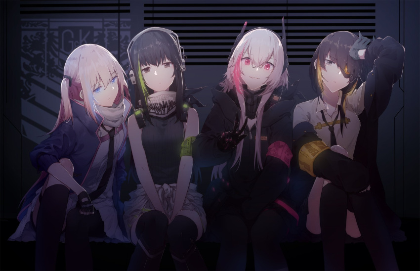 4girls, aeror, anti-rain_(girls_frontline), ar-15, armband, assault_rifle, asymmetrical_legwear, bangs, behind_back, beige_jacket, black_eyes, black_footwear, black_gloves, black_hair, black_jacket, black_legwear, black_skirt, blonde_hair, blue_eyes, blue_hair, blue_jacket, boots, box, braided_ponytail, brown_eyes, brown_hair, cabinet, clothes_around_waist, collar, commentary_request, crossed_legs, desk, dress, expressionless, eyebrows_visible_through_hair, eyepatch, girls_frontline, gloves, green_hair, green_sweater, gun, hair_ornament, hand_behind_head, happy, head_tilt, headgear, headphones, highres, holding, holding_weapon, jacket, jacket_around_waist, kneehighs, leaning_to_the_side, long_hair, looking_at_viewer, looking_back, m16a1_(girls_frontline), m4_carbine, m4_sopmod_ii, m4_sopmod_ii_(girls_frontline), m4a1_(girls_frontline), measuring_stick, messy_room, miniskirt, multicolored_hair, multiple_girls, office, on_floor, one_side_up, open_clothes, open_jacket, over_shoulder, pantyhose, paper, paperwork, pink_dress, pink_footwear, pink_hair, ponytail, red_eyes, red_hair, rifle, scarf, shirt, short_dress, side_ponytail, sidelocks, silk, sitting, skirt, skull, skull_print, sleeveless_sweater, smile, spider_web, st_ar-15_(girls_frontline), standing, streaked_hair, suppressor, sweater, teeth, thigh-highs, tongue, weapon, window, yellow_shirt