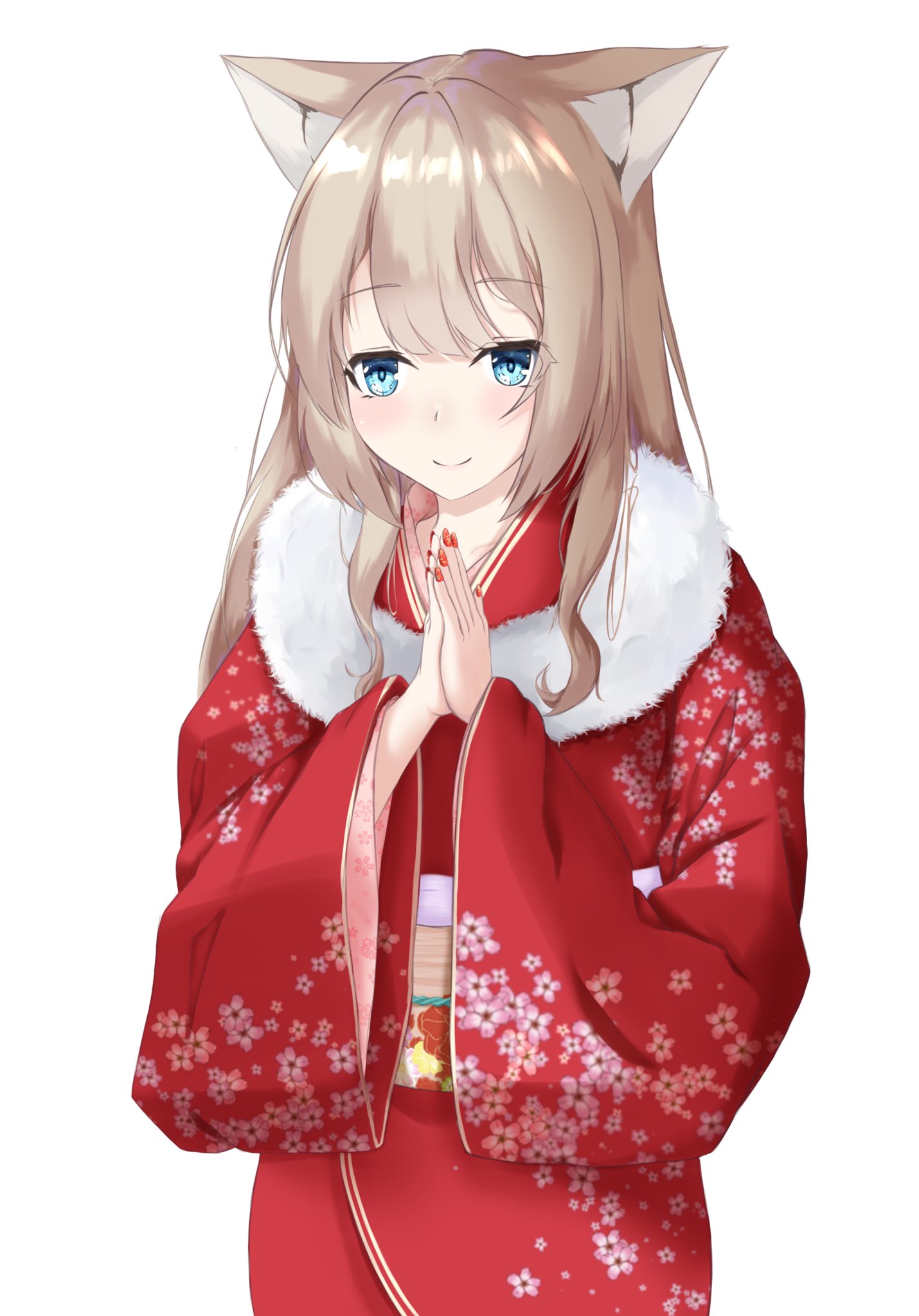 1girl, blue_eyes, empireo, fox_girl, fur_trim, highres, japanese_clothes, kimono