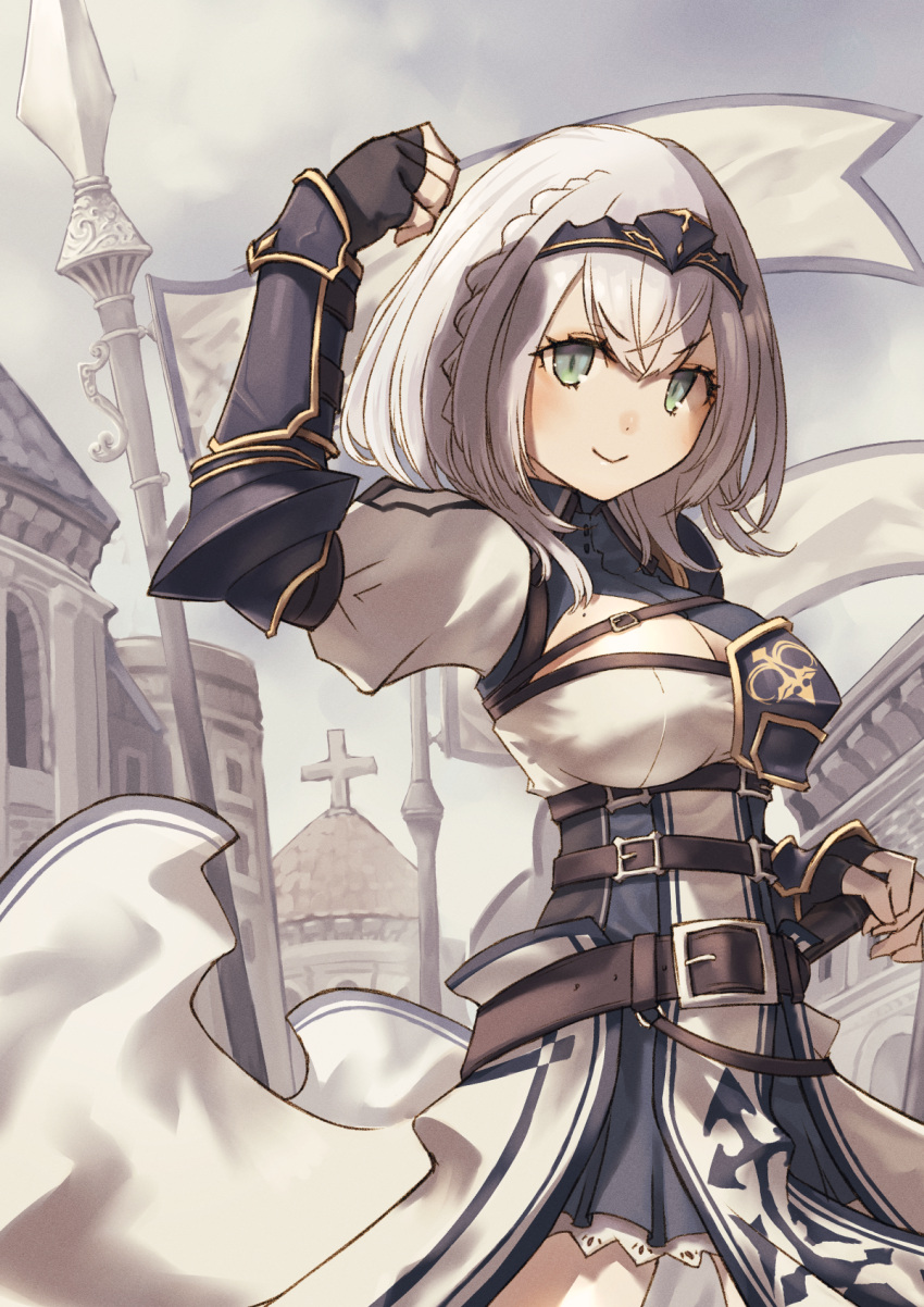 1girl, armor, armored_dress, belt, black_gloves, braid, breasts, brown_belt