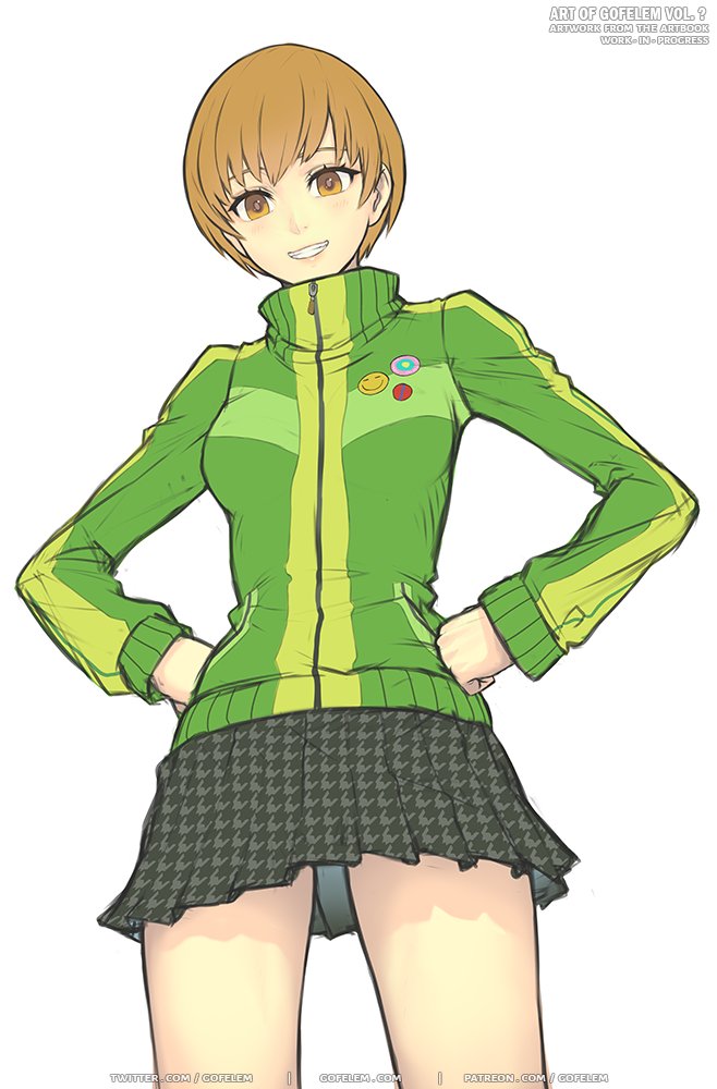 1girl, artist_name, badge, black_skirt, brown_eyes, brown_hair, button_badge, gofelem