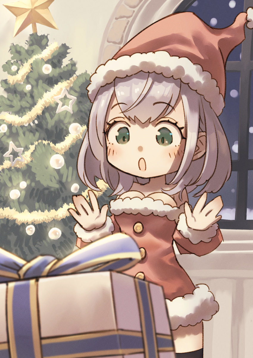 chibi, christmas, christmas_tree, dress, fur-trimmed_dress, fur_trim, green_eyes, hat