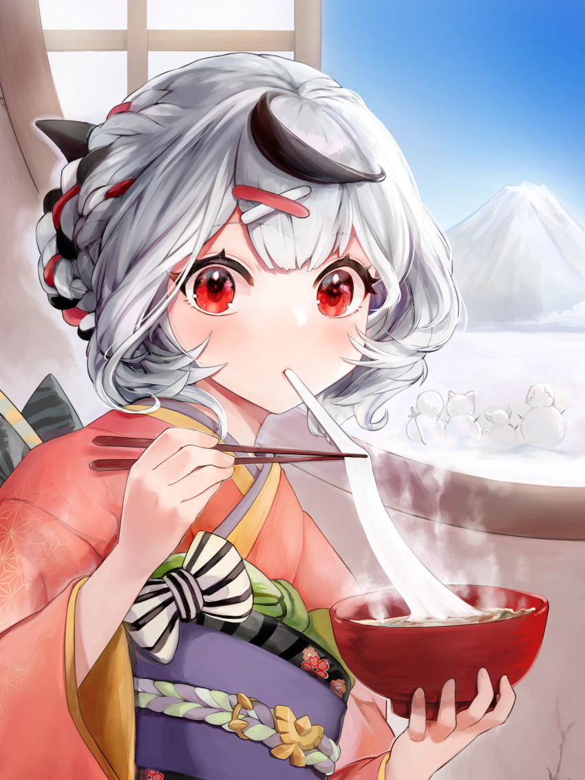 1girl, absurdres, bangs, black_hair, blush, bowl, braid, chopsticks