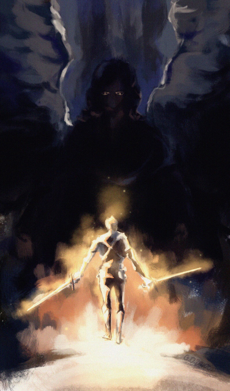 2boys, angel, angel_wings, black_hair, black_wings, boots, chinese_commentary, colin_iliad, commentary_request, dark, dual_wielding, ginopener, glowing, glowing_sword, glowing_weapon, highres, holding, holding_sword, holding_weapon, long_hair, looking_at_another, lord_of_the_mysteries, multiple_boys, pants, sasrir_(lord_of_the_mysteries), shiny, shirt, short_hair, sword, walking, weapon, white_shirt, wings